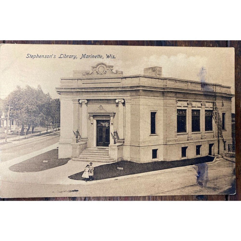 VTG 1908 Postcard Stephenson's Library Marinette WI RPPC Architecture History